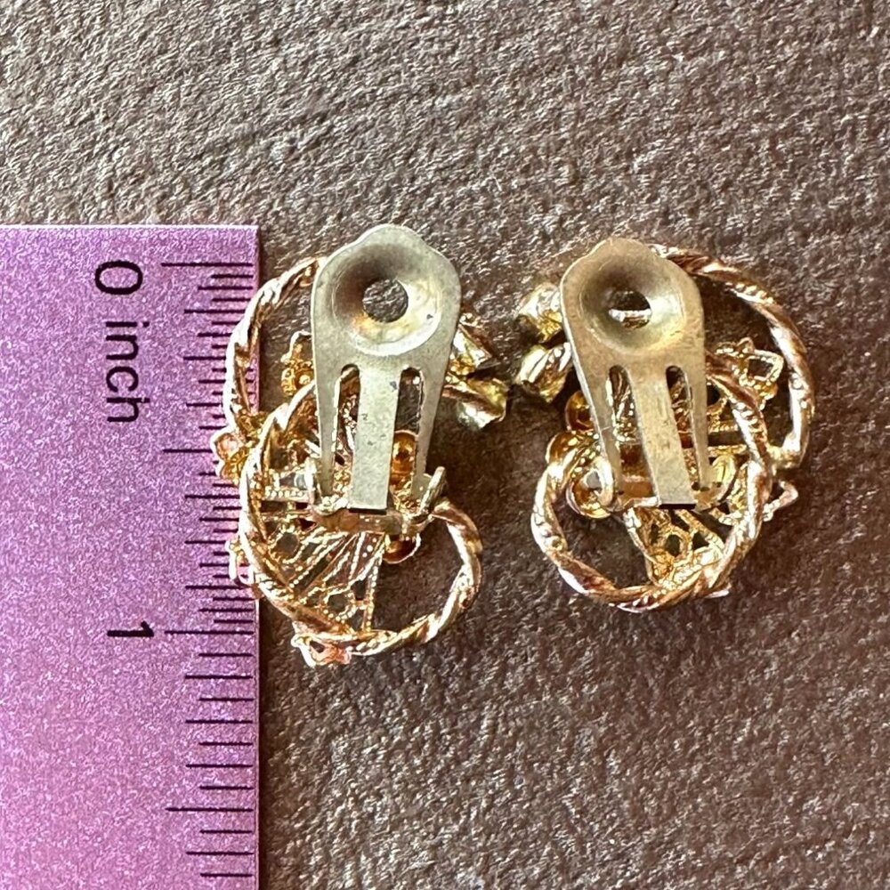 Vintage Pink & Gold Clip-On Earrings Rhinestone & Enamel Floral Made In Austria - Picture 7 of 10